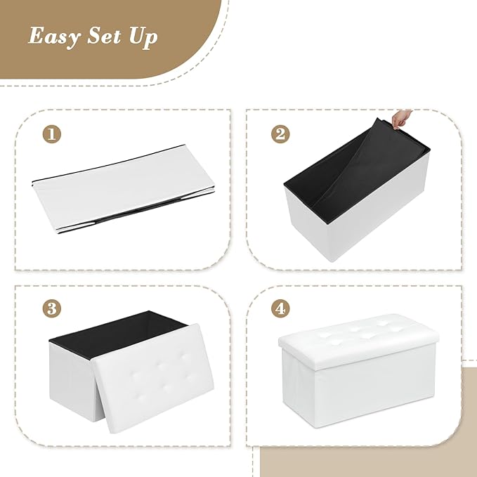 Athena Collection 30" Storage Ottoman Bench Folding Bench with 90L Hidden Storage, Large End of Bed Bench PU Leather Foot Rest Stool Chest with Flipping Lid for Living Room, Bedroom, Entryway, White