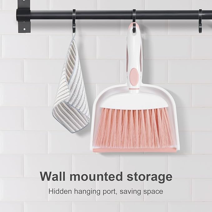 NACENA Small Dust Pan and Brush Set, Mini Broom and Dustpan Set Small Hand Broom and Brush Combo Dust Pan with Teeth for Home Cleaning Drawers Desktop Sofas Pet Care and Outdoor, Pink