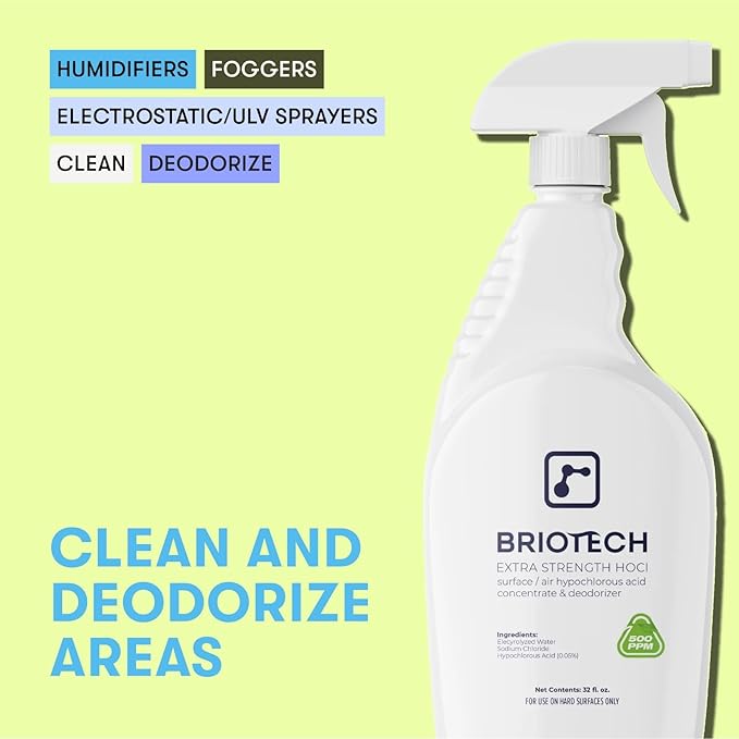 BRIOTECH Extra Strength HOCl Cleaner, 500 PPM Hypochlorous Acid Concentrate, ULV Foggers & Humidifiers, Professional Deodorizer for Dental, Offices, Schools, Homes, Peroxide Free, 1 Gallon (4 Pack)