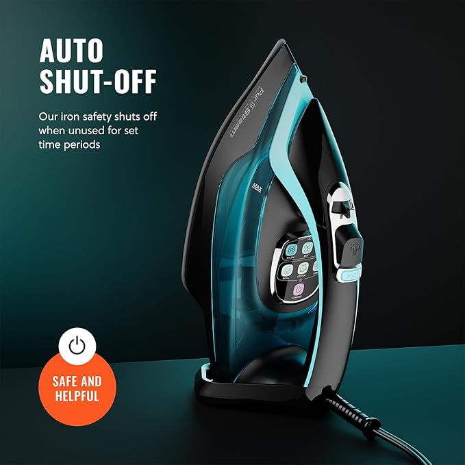 PurSteam SteamTech Elite 1750W Steam Iron, Digital Temp Control & LED Display, Ceramic Soleplate, Adjustable Steam, Self-Clean, Anti-Calc, Anti-Drip, Auto Shut-Off