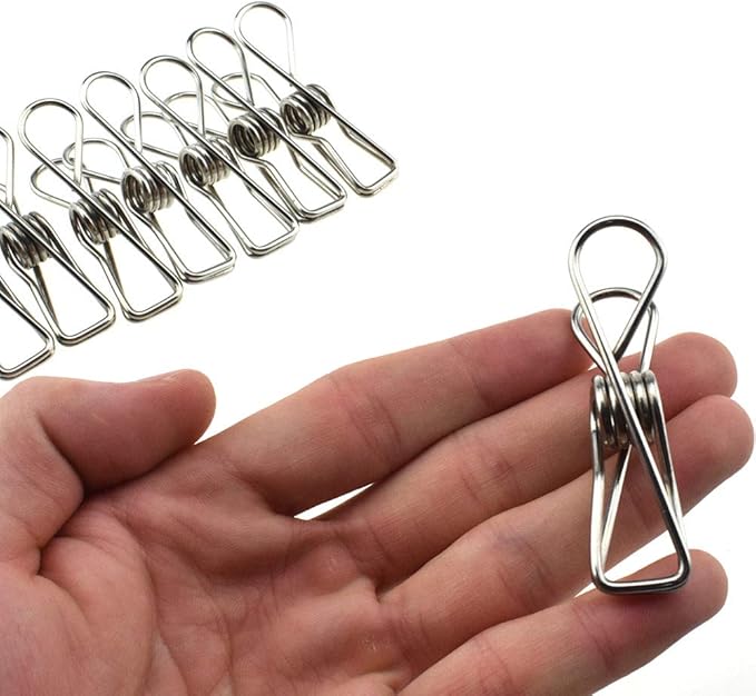 HAHIYO Clothespins Chip Clips All Metal Stainless Steel No Rust Stains Strong Grip in Heavy Wind 2.5 Inches 14 Pack Large Do Not Fall Apart Open Wide for Holding Clothes Snack Bag Clamps