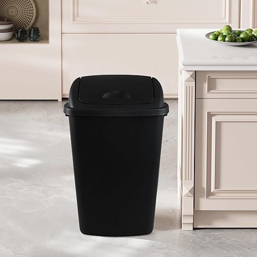 Teyyvn 13 Gallon Tall Kitchen Swing Lid Garbage Container, Set of 4 Plastic Trash Bin with Swing Top, Black
