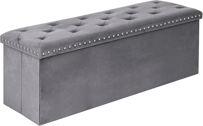 Velvet Storage Ottoman Bench, 43.3" Folding Ottoman with Rivet Trim, Heavy-Duty Upholstered Entryway Bench, Sturdy Footrest and Seat for Bedroom, Living Room, Holds up to 660 LBS, Grey