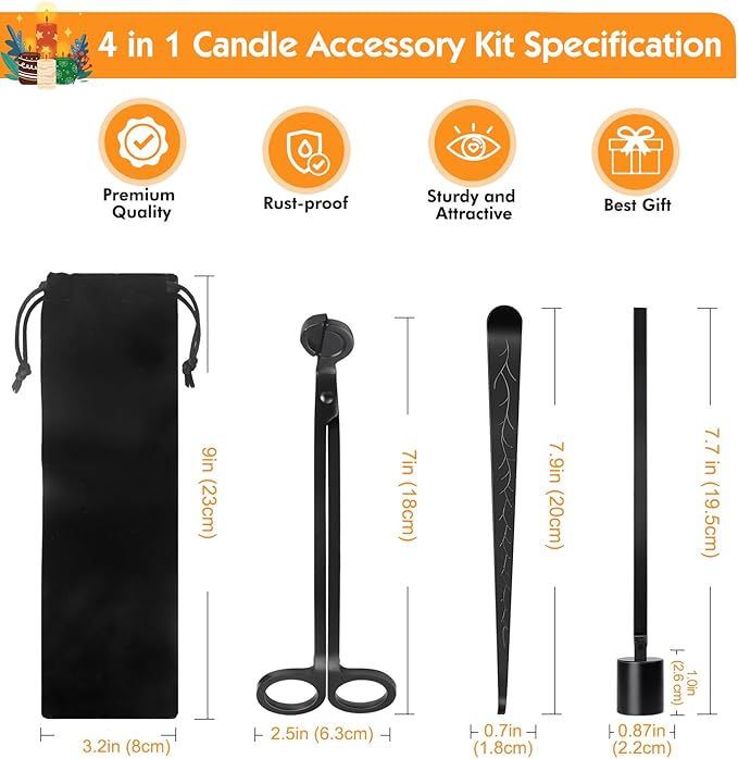 4 in 1 Candle Accessories Kit - Professional Wick Trimmer, Snuffer and Dipper with Velvet Pouch, Gift Package for Candle Lovers (Black)