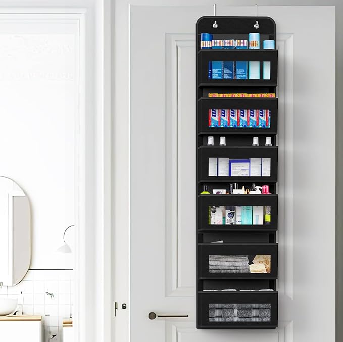 Simple Houseware 6 Clear Window Pocket Over Closet Door Storage Hanging Organizer for Bedroom, Bathroom, Pantry, Black