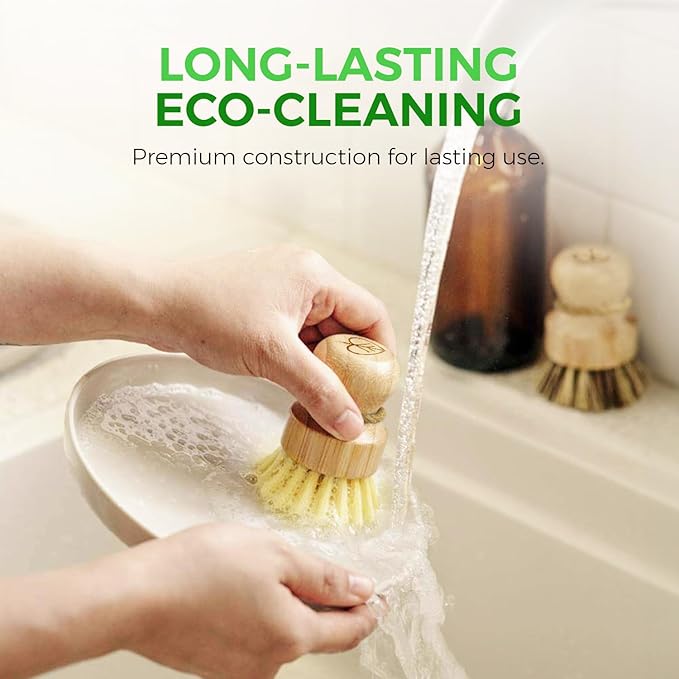 Bamboo Dish Brush Set of 3-100% Plastic Free Kitchen Scrubber with Medium Stiff Sisal and Strong Blend of Coconut Bristles - Non Scratch, Odor Free Wood Scrub for Pots, Pans and Vegetables