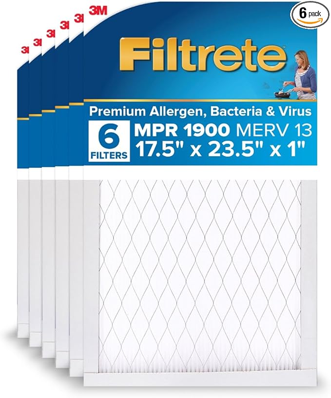 Filtrete 17.5x23.5x1 AC Furnace Air Filter, MERV 13, MPR 1900, Premium Allergen, Bacteria&Virus Filter, 3-Month Pleated 1-Inch Electrostatic Air Cleaning Filter,6-Pack (Actual Size 17.19x23.19x0.78in)