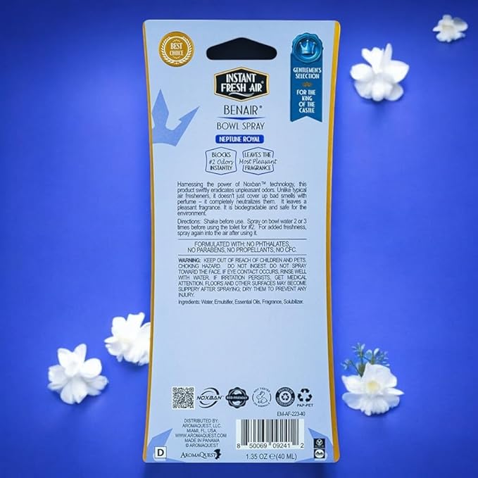 2-Pack: Superior Toilet Spray for Men with Instant Odor Elimination, Neptune Royal Fragrance, Odor Eliminator Bathroom Spray, Travel Size, Long-Lasting, Eco-Friendly, 1.35 Oz. - INSTANT FRESH AIR