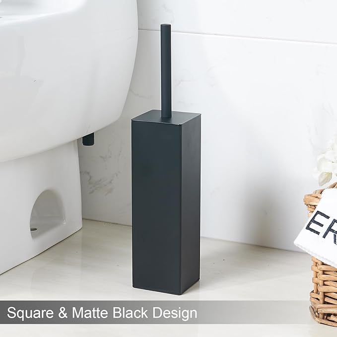 Matte Black Square Stainless Steel Toilet Brush with Holder, 304 Modern Toilet Brush Set – Rust Resistant, Long Handle, Replacement Heads, Floor Standing Bathroom Toilet Cleaning Brush
