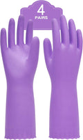 PACIFIC PPE 4 Pairs Reusable Dishwashing Cleaning Gloves with Latex Free, Cotton Lining, Kitchen Gloves, Purple, Large