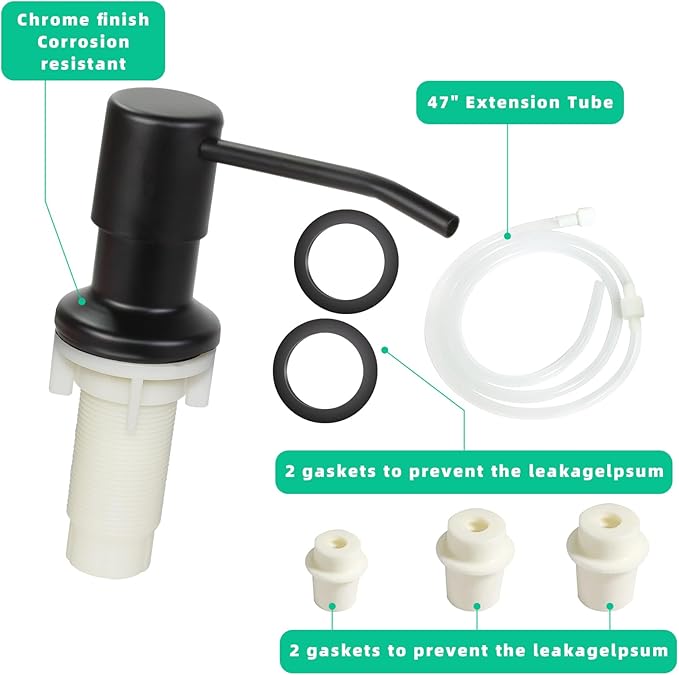 Soap Dispenser for Kitchen Sink, Built in Sink Soap Dispenser, Countertop Soap Dispenser Pump with 47" Extension Tube kit, No Need to Fill Little Bottle Again, Black