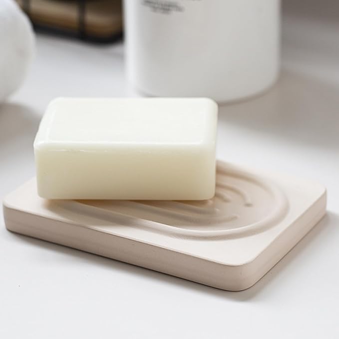 Diatomite Soap Dish for Kitchen Organizer, Quick Dry Sink Caddy Holder for Sponge, Brush, Toothbrush - Fast Absorbing Stone Tray (Beige, 4.8" x 3.1")