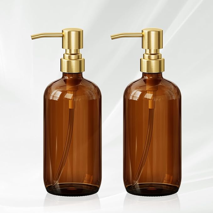 AmazerBath Amber Glass Soap Dispenser, 2 Pack Vintage Brown Bottle with Stainless Steel Pump,17 Oz Hand Dish Soap Dispenser Bottle, Modern Soap Dispensers for Bathroom Kitchen