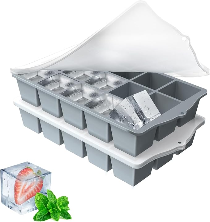 Silicone Ice Cube Tray, 2 Pack Easy-Release Stackable Ice Trays for Freezer with Lid 15 Reusable Cubes, Food Grade BPA Free Ice Molds for Whiskey, Baby Food, Coffee, Cocktail, Drinks (Grey)