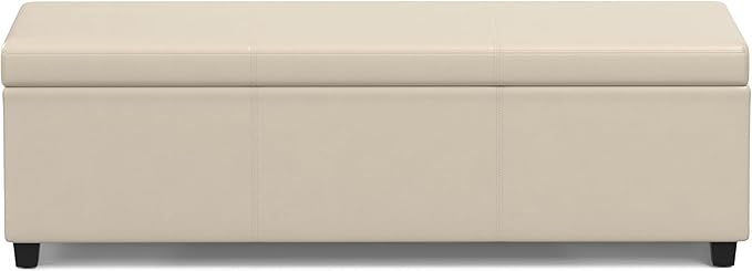 SIMPLIHOME Avalon 54 inch Wide Contemporary Rectangle Extra Large Storage Ottoman Bench in Satin Cream PU Faux Leather, Assembled, for The Living Room, Entryway and Family Room