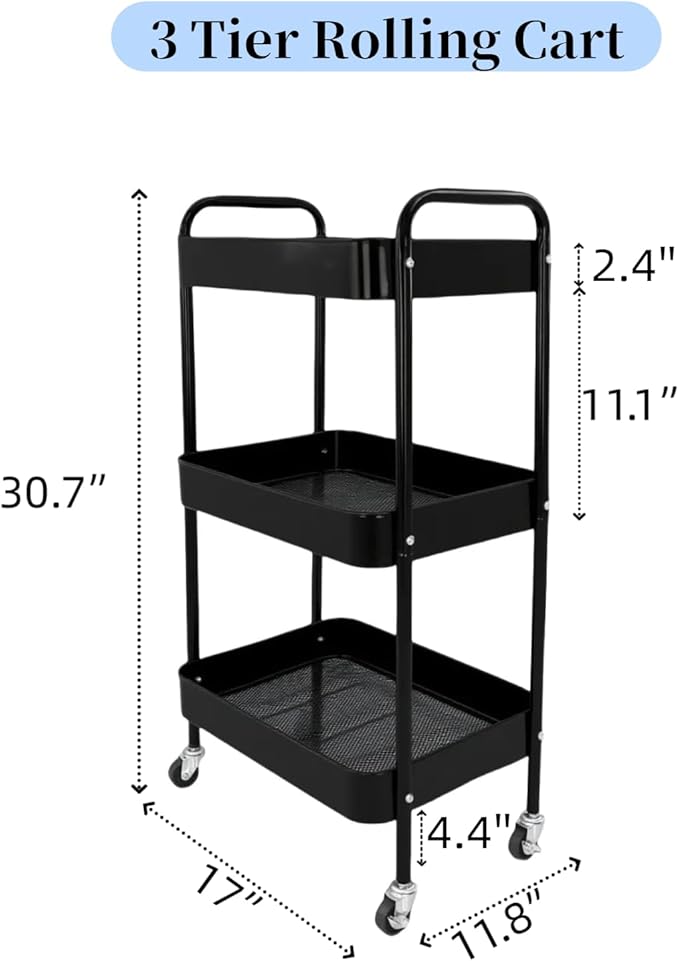 3 Tier Rolling Storage Cart for Kitchen Storage & Laundry Room Organization, Large Capacity Metal Utility Cart on Wheels and 4 Hooks for Art Lash Craft Bedside, Sturdy Nursery Organizer, Black