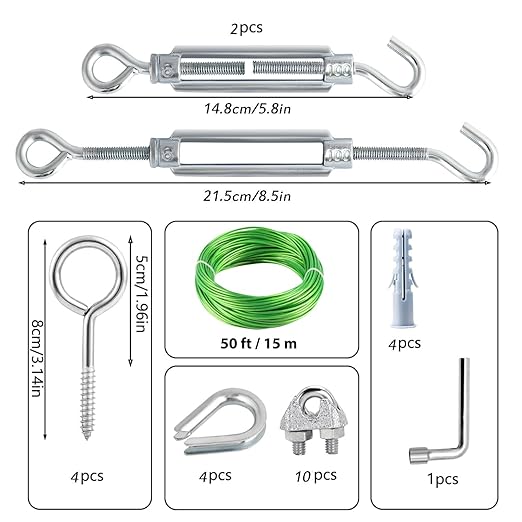M6 Turnbuckles for Cables Wire, 3/16" Green PVC Coated Wire Rope Kit, Multi-use Steel Cable for Grape Vines/Clothes Line Outdoors for T Post/String Light Hanging/Garden Wire