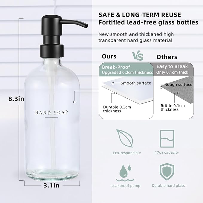 Glass Soap Dispenser - Dish Hand Soap Dispenser for Kitchen, Bathroom Soap Lotion Dispenser with 304 Rust Proof Pump, Tray, Clear Bottle/Black Pump
