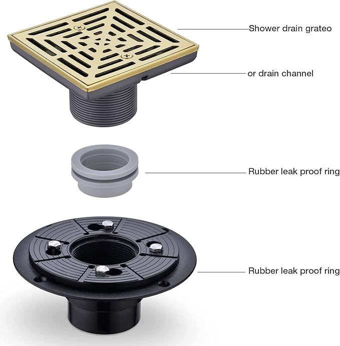 RANDOM Brushed Gold Shower Drain 4 inch Square Shower Drain with Adjustable PVC Base Flange,SUS304 Stainless Steel Shower Floor Drain with Removable Cover Grid Grate