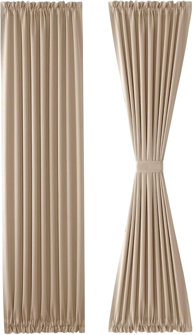 DWCN French Door Curtains – Rod Pocket Thermal Blackout Curtain for Doors with Glass Window, Kitchen and Patio Doors for Privacy, 25 X 72 Inches Long, 1 Curtain Panel with Tieback, Beige