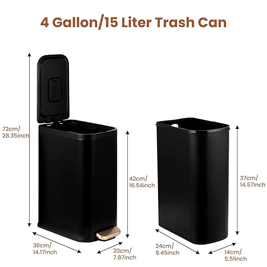 BETHEBEST Bathroom Trash Can with Lid Soft Close,Stainless Steel Step Trash Can with Removable Inner Wastebasket,Black Garbage Can for Bathroom,Bedroom,Kitchen(15 Liter/4 Gallon)