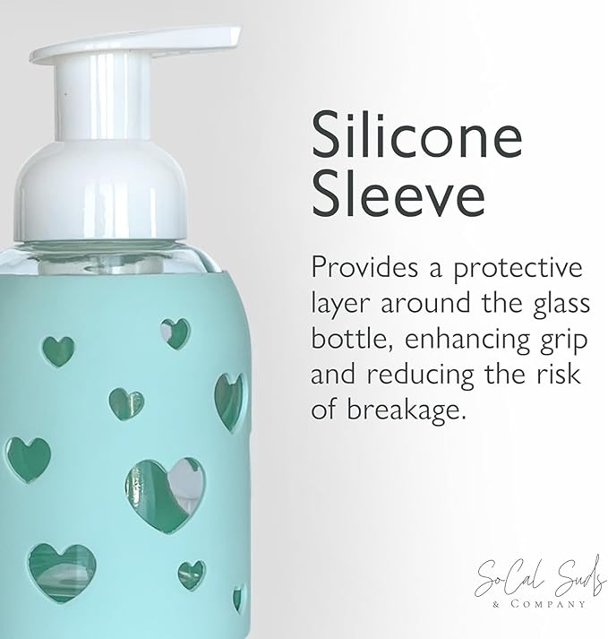 SoCal Suds & Company Glass Foaming Hand Soap Dispenser, Heart Silicone Sleeve, Refillable Pump Bottle for Kids, Baby Wash & Shampoo, Ideal for Home Use, Sea Glass 8oz