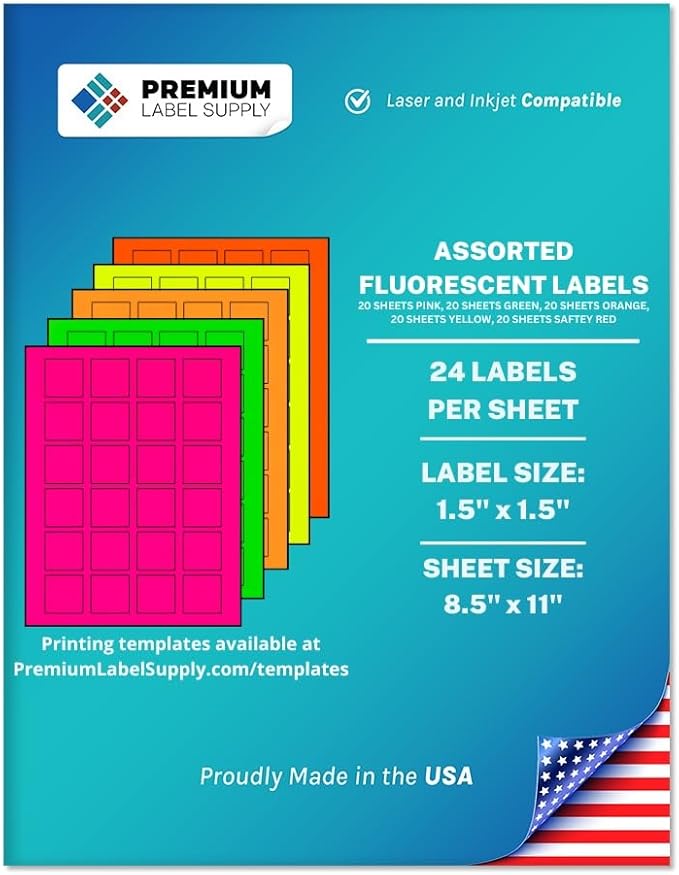 Premium Label Supply Bright Neon Color Fluorescent Sticker Labels - 1.5" x 1.5" Square Labels - (Assorted Fluorescent, 2,400 Labels)