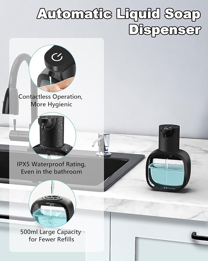 lazycozy® Automatic Soap Dispenser, Touchless Electric Soap Dispenser, 17oz, Rechargeable via USB-C, 4 Dispensing Modes, Wall Mount or Countertop, for Kitchen Sink, Bathroom, Hand, Dish, Black