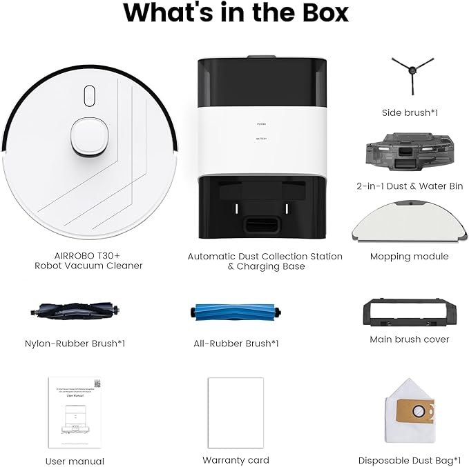 AIRROBO T30+ Robot Vacuum and Mop, Self-Emptying, 6000PA Suction, Proactive Intelligence Avoidance, APP ＆ Voice Control, LiDAR Navigation, Perfect for Pet Hair, Hard Floor,Carpet