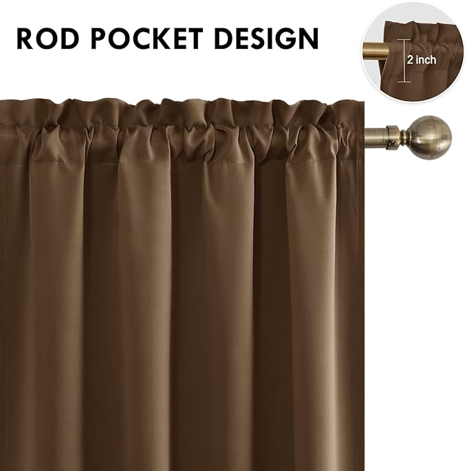DWCN Blackout Curtains Room Darkening Thermal Insulated Bedroom Curtains Window Curtain Panels, 52 x 63 inches Long, Set of 2 Brown Rod Pocket Drapes