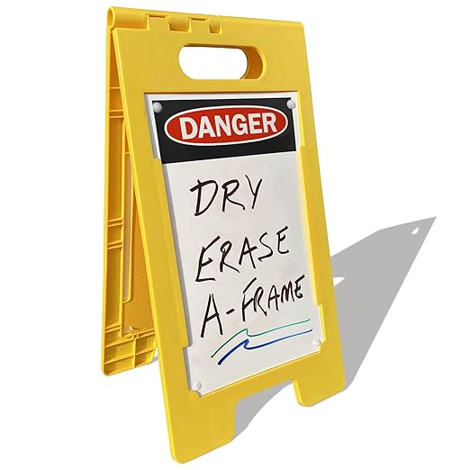 SmartSign 25 x 12 inch “Danger” Dry Erase Two-Sided Folding Floor Sign, Write-On, Portable and Lightweight A-Frame, Easy Grip Handle, Plastic, Multicolor, Made in USA