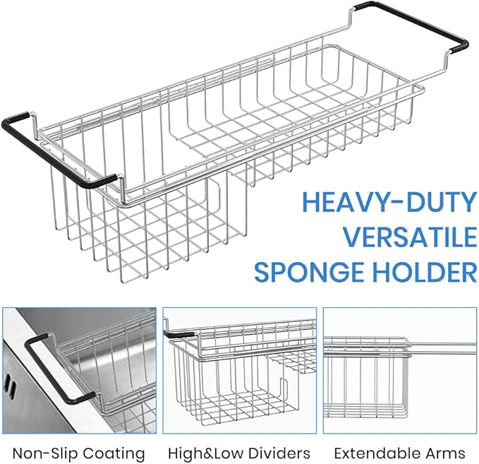 Sink Caddy Sponge Holder Kitchen Sink Organizer Sponge Caddy Expandable 16.06" to 21.02" Farmhouse In-sink Accessories for Rag Detergent Brush Dish Washing Liquid Rack, Stainless Steel