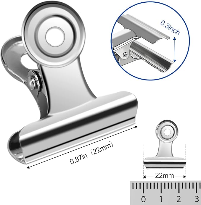 30 Pack Small Bull Clips 0.87 Inch Mini Metal Hinge Clips Binder Paper Hinge Clip for Office, Home, School, Shops, Silver, 22mm