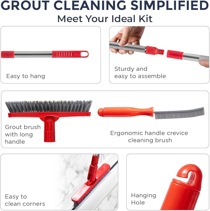 Grout Brush with Long Handle & Hard Bristle Crevice Cleaning Brush, Grout Cleaner for Tile Floors, Floor Scrubber for Tile Grout Line, Household Use, Multipurpose Gap Cleaning Tools by Foxtrot Living