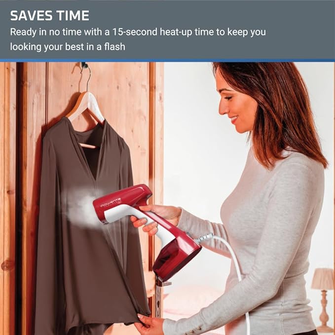 Rowenta, Steamer for Clothes, X-Cel Easy Steam Handheld Steamer, 15 Second Heatup, 5 Ounce Capacity, 1400 Watts, Portable, Travel Must Have, Red Clothes Steamer, DR7112