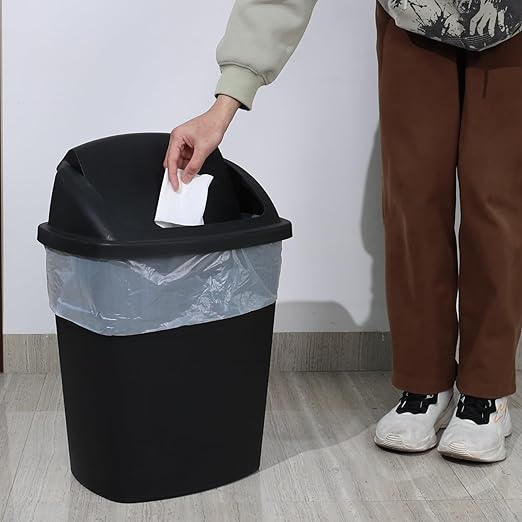 10 Gallon Plastic Garbage Bin with Lid, Swing Top Waste Container, Kitchen Trash Can with Swing Lid, Black, 4 Packs