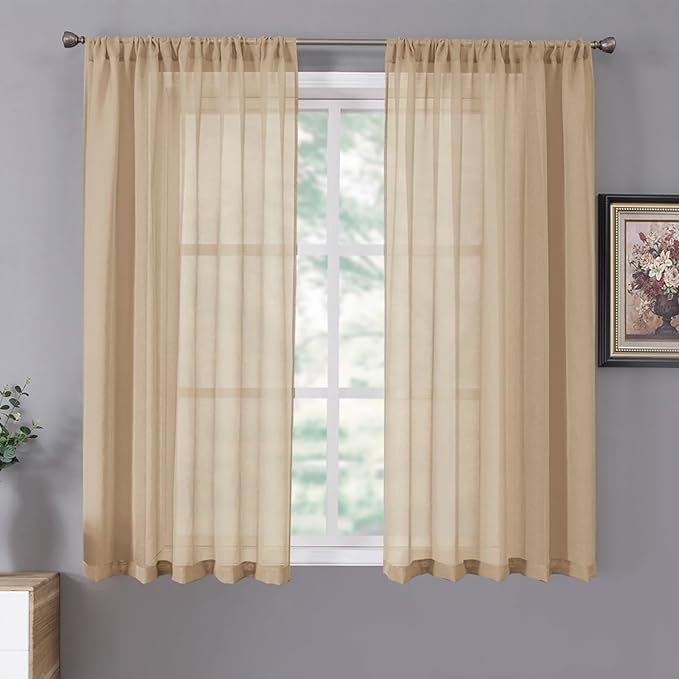 Tollpiz Sheer Curtains Living Room Linen Textured Curtain Sheers Light Filtering Voile Rod Pocket Curtains for Bedroom, 38 x 63 inches Long, Beige, Set of 2 Panels