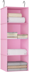 Hanging Closet Organizer, Easy Mount Foldable 4-Shelf Hanging Closet Wardrobe Storage Shelves, Clothes Handbag Shoes Accessories Storage, Washable Oxford Cloth Fabric, Pink