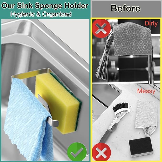 Sponge Holder for Kitchen Sink, Kitchen Sink Caddy, 2 in 1 Kitchen Sink Organizer Sponge Caddy, Adhesive Hanging, Suitable for Kitchen Brush, Dish Rag, Sponge, Gloves, 304 Stainless Steel