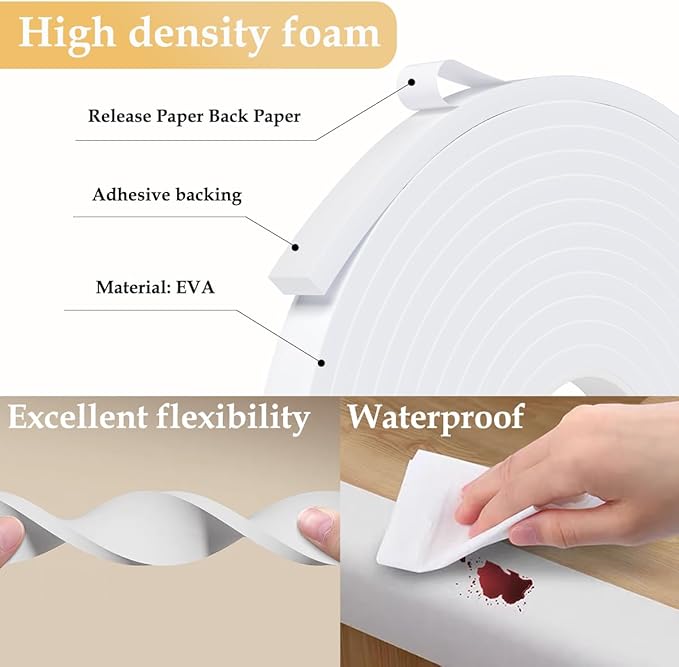 Weather Stripping Door Seal White,1/2Inch Wide X 1/4 Inch Thick,Air Conditioner Window Seal,Self Adhesive Foam Tape High Density Foam Sealing Strip,Soundproof Foam Tape Roll,2 Rolls Total 32.8Ft