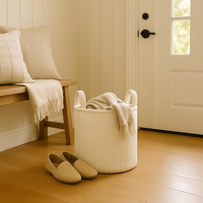 PUTSKA Blanket Basket – Round Storage for Toys and Blankets, Clothes, Stuffed Animals – Soft Baby Girl Basket for Nursery, Kids Room, Bedroom, Living Room – Regular, Cream