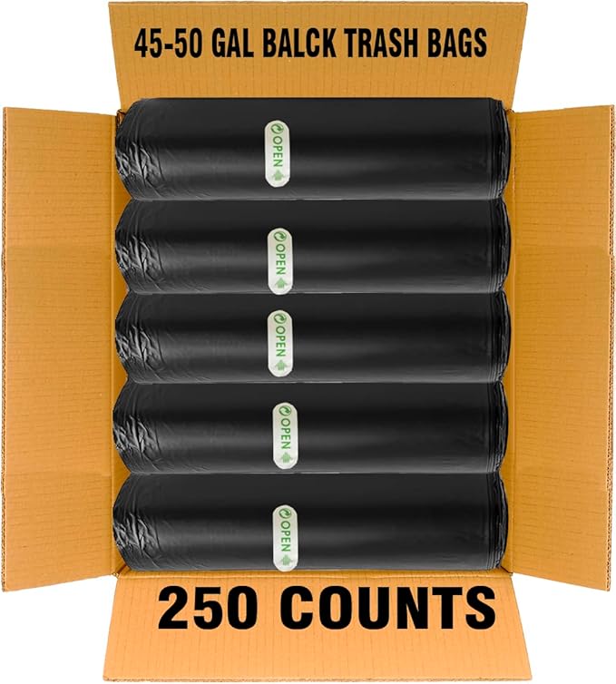 40-45 Gallon Lawn & Leaf Trash Bags, 250 Count Bulk, Black Garbage bags, Multi-purpose Trash Can Bin Liners for Home Commercial, Outdoor, Construction, Industrial