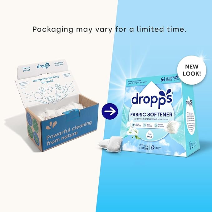 Dropps Laundry Fabric Softener Pods, Crisp Breeze (32 Pods) - Laundry Additive for Softening & Protection - HE Compatible Mineral Based Ingredients Laundry Supplies