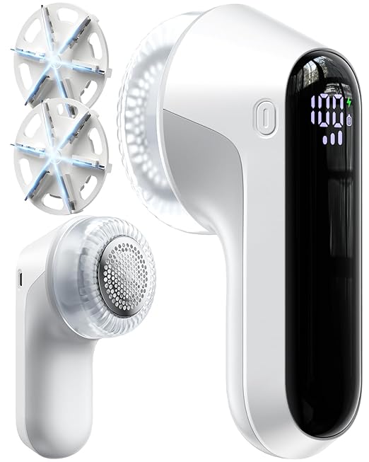 Fabric Shaver, Rechargeable Lint Shaver with Digital Display, Electric Portable Sweater Shaver with 6-Leaf Blades and Safety Lock, 3-Speeds Lint Remover to Remove Pilling for Clothes, Furniture White