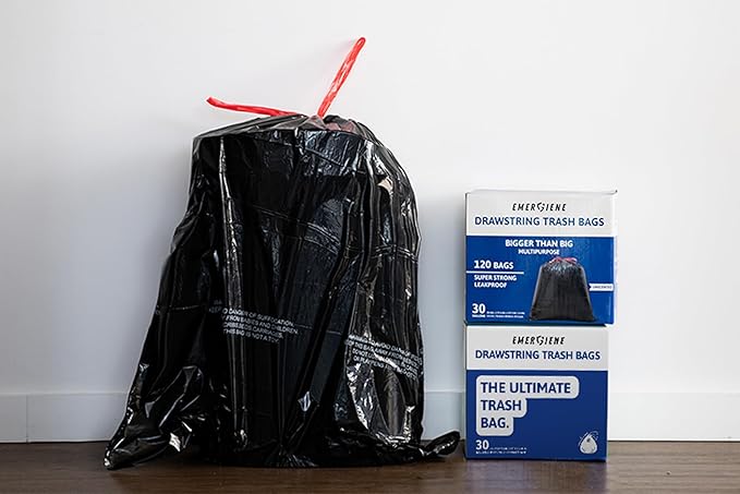 Ultra Strong 30 Gallon Drawstring Trash Bags, Unscented 120 Count Garbage Bags, Pre-Separated, Recycled Materials, Heavy Duty, Leakproof, Sturdy, Black