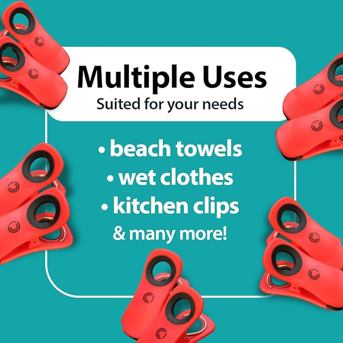CoreClips Towel Clips for Beach Chairs - Set of 4 Pool Towel Holder Clips for Lounge Chairs on Cruise, Large 2.5” Opening Heavy Duty Clip for Towels on Boat Loungers with Travel Pouch - Red
