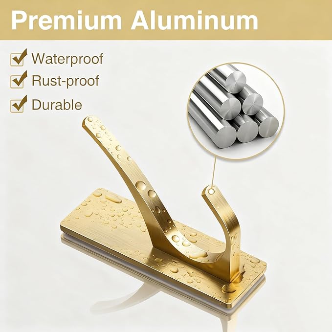 pickpiff Self Adhesive Coat Hooks for Hanging, Heavy Duty Stainless Double Wall Hook for Towel, Backpack, Hat, Sturdy Metal Hanger for Bathroom, Bedroom, Door, Wall Mounted, 4-Pack, Brushed Gold