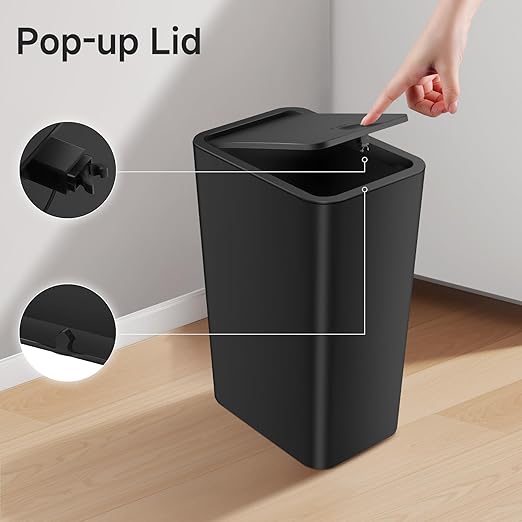 TIPGO Bathroom Trash Can with Lid, 4 Gallon / 15 Liter Small Garbage Can, Press Top Bin, Plastic Wastebasket with Pop-Up Lid for Bedroom, Living Room, Office (Black, 2 Pack)