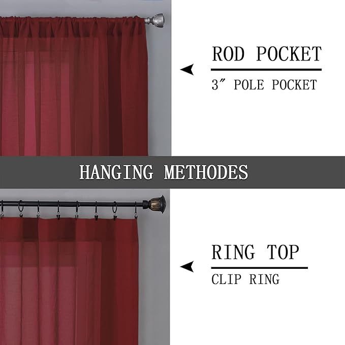 Tollpiz Short Sheer Curtain Linen Textured Living Room Curtains Sheer Light Filtering Rod Pocket Voile Curtain for Bedroom, 42 x 54 inches Long, Burgundy Red, Set of 2 Panels