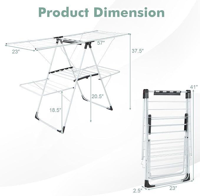 Giantex Clothes Drying Rack, 2-Layer Stainless Steel Foldable Laundry Drying Rack with 6-Level Adjustable Height, Useful Clips, Space Saving Freestanding Folding Collapsible Laundry Drying